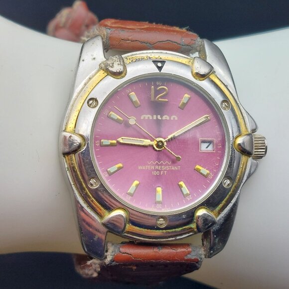 Milan Mens Date Wristwatch With Pink Dial & Woven Brown Leather Strap - Picture 2 of 8